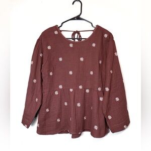 Madewell #NH018 Embroidered Lightspun Peplum Open Back Top Plum Purple Floral S